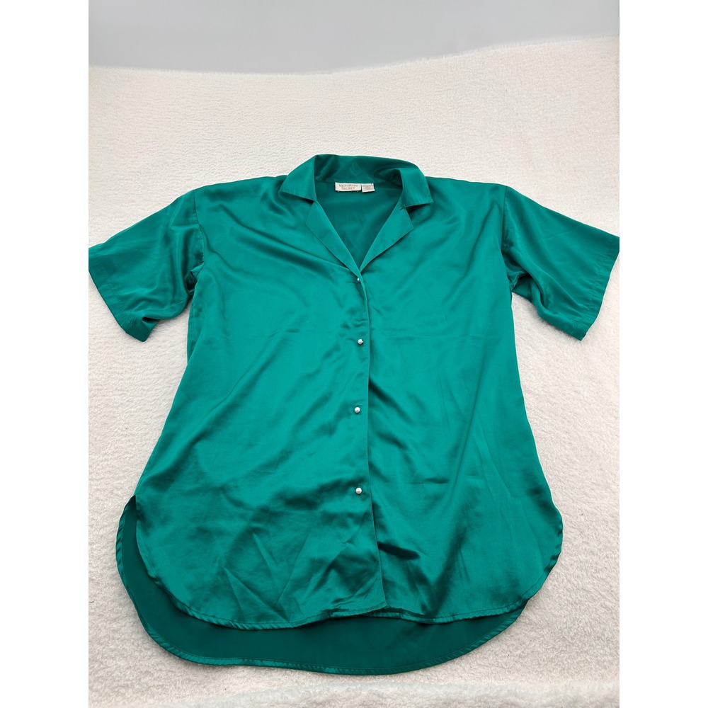 Victoria Secret Emerald Green Satin Pajama Top Pearl Button Sleep Shirt M/L